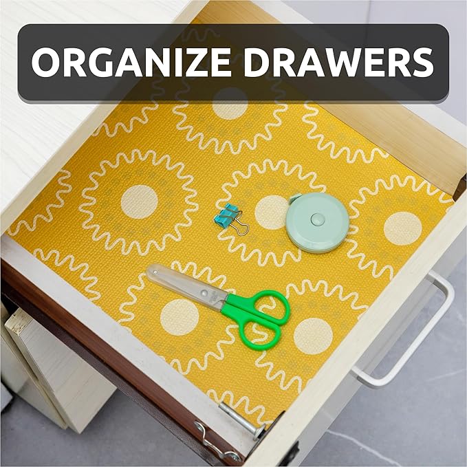 FIFTY FEET 18X96 Inch Shelf Liner for Kitchen Cabinets, PVC Drawer Liner for Dresser Non-Slip Bathroom, Non-Adhesive Cabinet Liner Washable (Yellow Circle)(1 Roll)