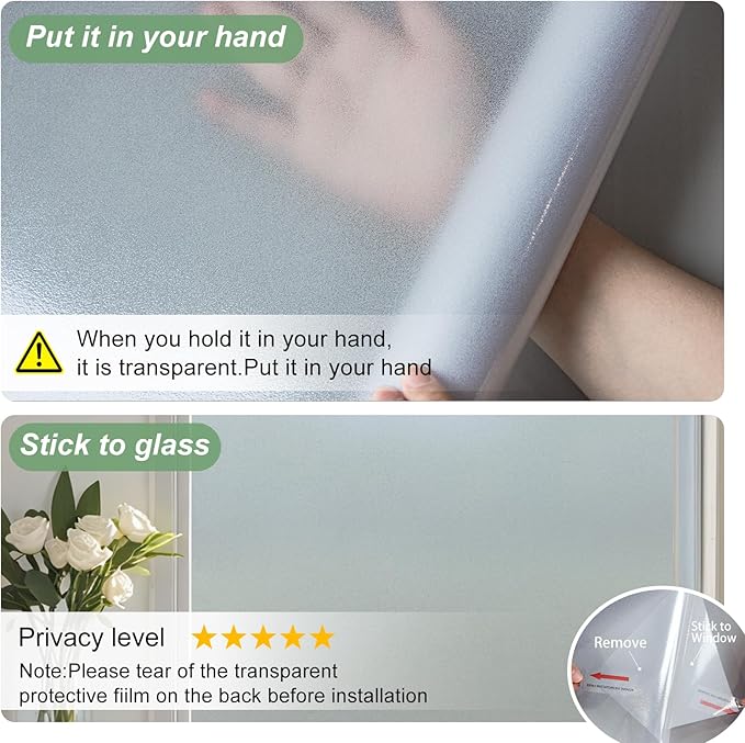 Window Privacy Film Frosted Glass Window Film Decorative, Removable Static Cling Heat Blocking Sun Blocker Front Door Window Covering for Bathroom Home Office (Pure, 35.4" x 78.7")