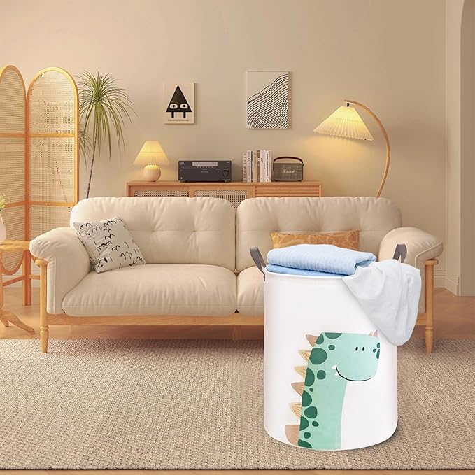 Mziart Kids Laundry Basket for Girls Boys, Cute Baby Laundry Hamper Waterproof Collapsible Large Storage Basket Nursery Toy Bin Home Decor Gift Baskets for Bathroom Bedroom 19.7 Inch (Green Dinosaur)