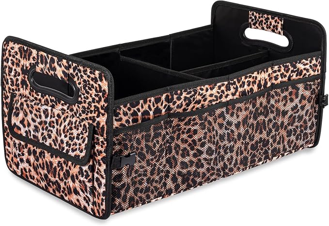JiatuA Car Trunk Organizer, Car Organizers and Storage Collapsible Multi Compartment Container Box, Adjustable Car Accessories for SUV Sedan Truck, Standard Size, Leopard print