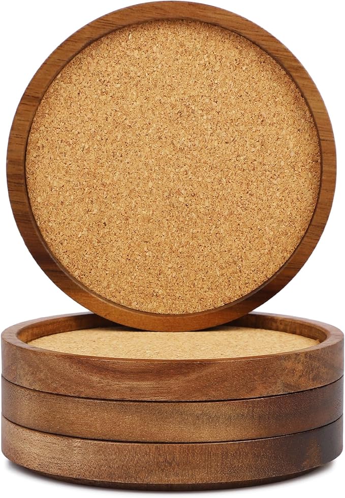 Wooden Drink Coasters Set of 4, Stackable Cup Coaster for Table, 4.2 inch Absorbent Cork Coasters Set for Tabletop Protection, Rustic Glass Coaster for Coffee, Home Decor.