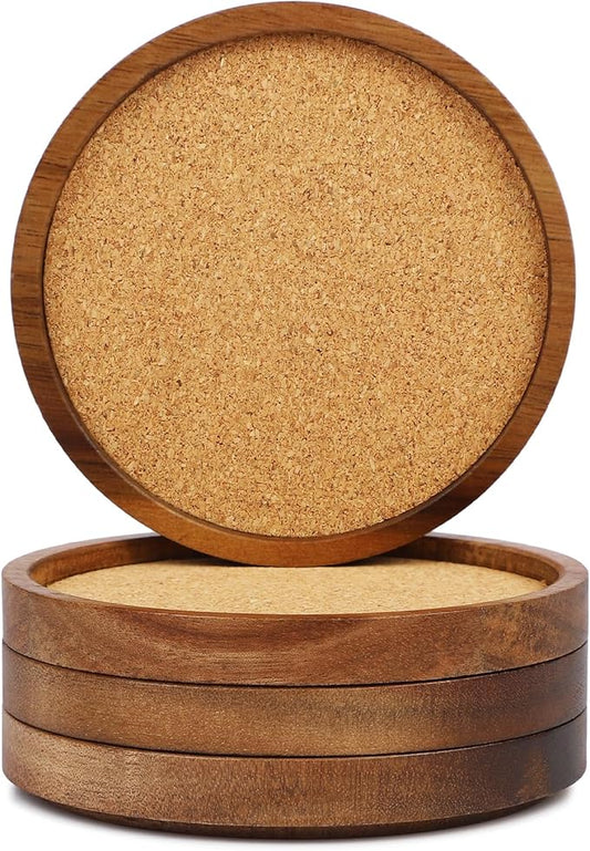 Wooden Drink Coasters Set of 4, Stackable Cup Coaster for Table, 4.2 inch Absorbent Cork Coasters Set for Tabletop Protection, Rustic Glass Coaster for Coffee, Home Decor.