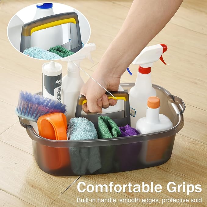 ALINK Plastic Cleaning Storage Caddy with Handle, Large Shower Caddy Basket Organizer for Dorm, Bathroom, Tool, Garden, Kitchen, Cleaning Supplies - Transparent Gray