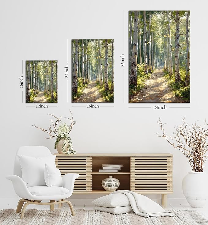 White Birch Tree Wall Art Green Forest Canvas Painting Prints Nature Scenery Landscape 3D Textured Picture for Bathroom Bedroom Living Room Wall Decor Modern Home Office Artwork Framed 12x16 Inch