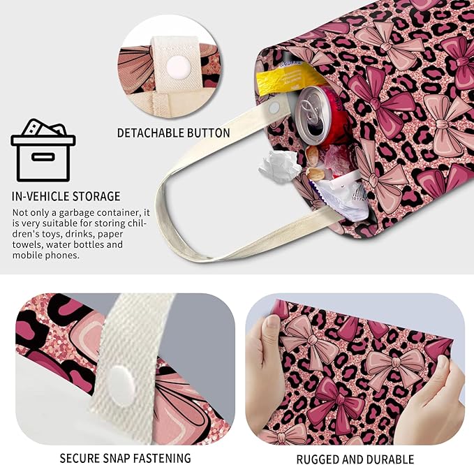 Cute Car Trash Can, Hanging Canvas Car Back Seat Organizer and Storage Bag, Funny Car Trash Bag for Travelling, Outdoor Cute Pink Leopard Bow