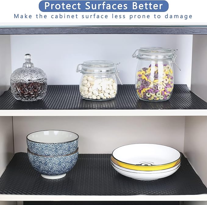 HooTown Shelf Liner Kitchen Cabinet Drawer Mats 17.5 Inch Wide x 196.8 Inch Long, Non Skid EVA Plastic Washable Oil Proof Pad for RV Drawer, Dish Plate Slippery Protection, Black