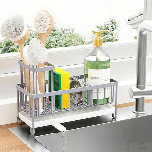 Cisily Light Gray Sponge Holder for Kitchen Sink, Sink Caddy Organizer with High Brush Holder, Kitchen Countertop Organizers and Storage Essentials, Rustproof 304 Stainless Steel, Soap Dispenser