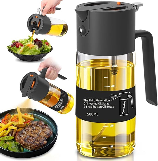 2 in 1 500ml/17oz Oil Sprayer for Cooking, 2026 Large Advanced Glass Olive Oil Dispenser Bottle w/stickers, Even Spray with Portion Control for Kitchen, Air Fryer, Salad, BBQ - Black