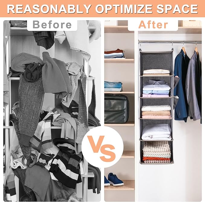 BOOMIBOO Hanging Closet Organize and Shelves，5-Hanging Shelf with 2 Side Pockets，Storage Foldable （Light Grey）