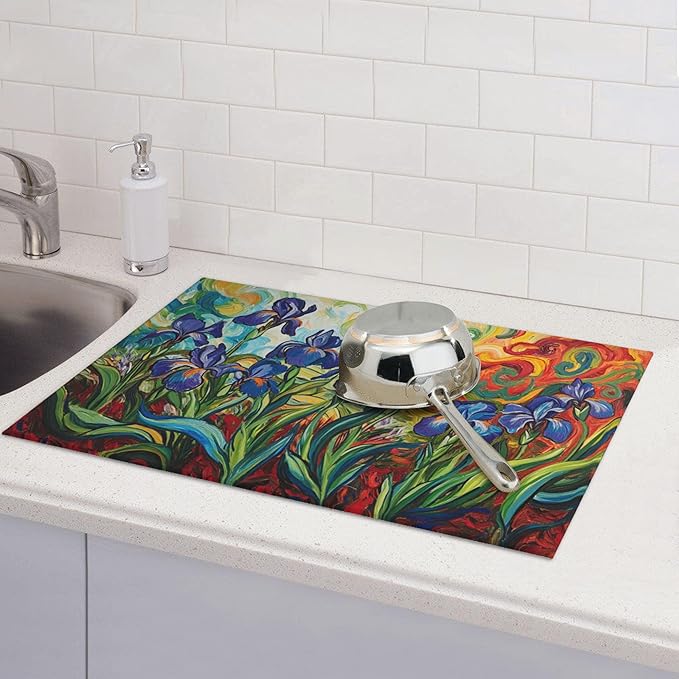 watercolor Flowers Dish Drying Mat for Kitchen Counter Microfiber Super Absorbent Non-Slip Dish Drying Pad for Countertops Dishes Utensils Stylish Quick-Dry Machine Washable 18x24 Inch
