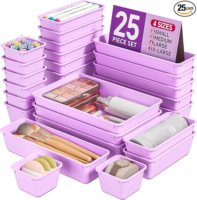 25 PCS Plastic Drawer Organizers Set, 4 Sizes Vanity Organizer, Makeup and Desk Drawer Organizer Trays, Organization and Storage for Makeup, Bathroom, Kitchen Utensils and Office (Purple)