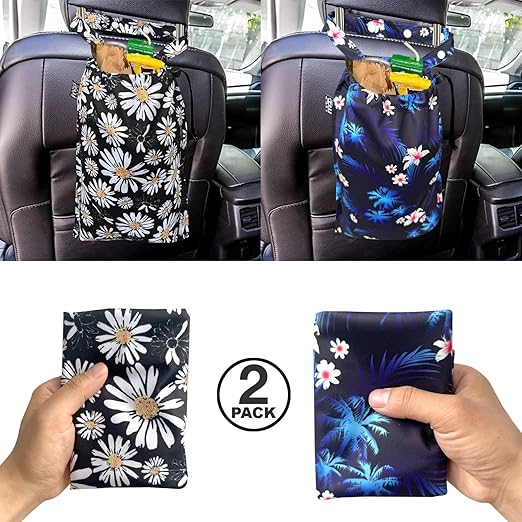 2 Pack Leakproof Car Trash Bags Detachable Waterproof Garbage Bags with Drawstring Hanging Organizer for Back Seat & Travel Flower Design