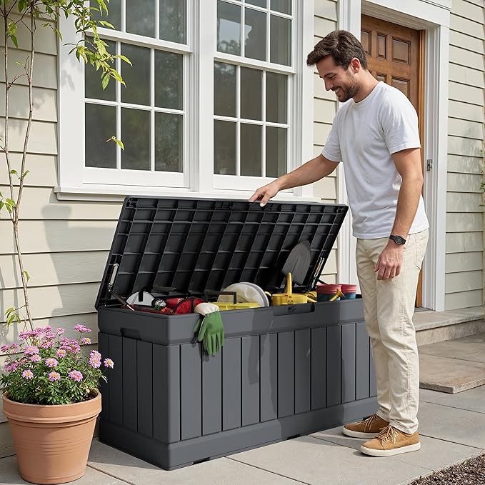 Devoko 78 Gallon Deck Box, Waterproof Resin Outdoor Storage Box for Outside and Patio, Outdoor Storage Bench Lockable for Patio Furniture, Garden Tools and Pool Supplies (Grey, 78 Gallon)