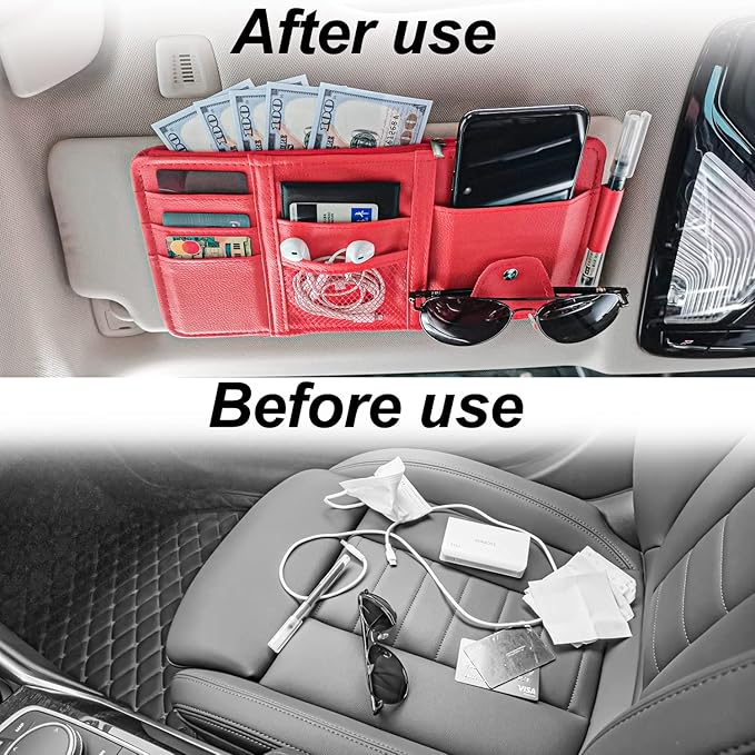Keedolla Car Sun Visor Organizer with Multi-Pocket Net Zipper, Truck Visor Organizer Storage Pouch Holder for Cards, Pens, Sunglasses, CD Holder - Red