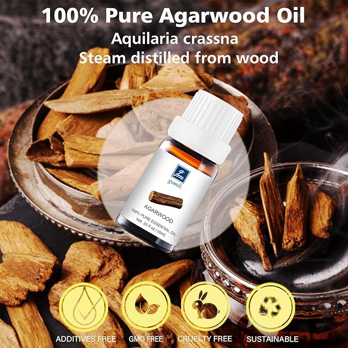 Agarwood Essential Oil - Pure Organic Oud Oil for Aromatherapy, Diffusers, Spray, Skin & Hair Care, Massage, DIY Candles & Soap, Perfume - 10mL