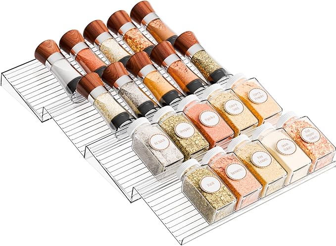 Yieach 4 Pack Adjustable In Drawer Spice Organizer - Expandable From 11" to 22" - Clear Acrylic Seasoning Organizer with Jars for Kitchen Drawer,Horizontal Tiered Kitchen Spice Organization & Tray