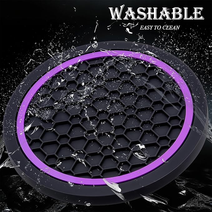 2-Piece Anti-Slip Car Cup Coaster Set – 2.75 Inch Auto Insert Drink Mats, Perfect for Coffee & Beverages – Stylish Interior Decor for Women & Girls (Black & Purple)