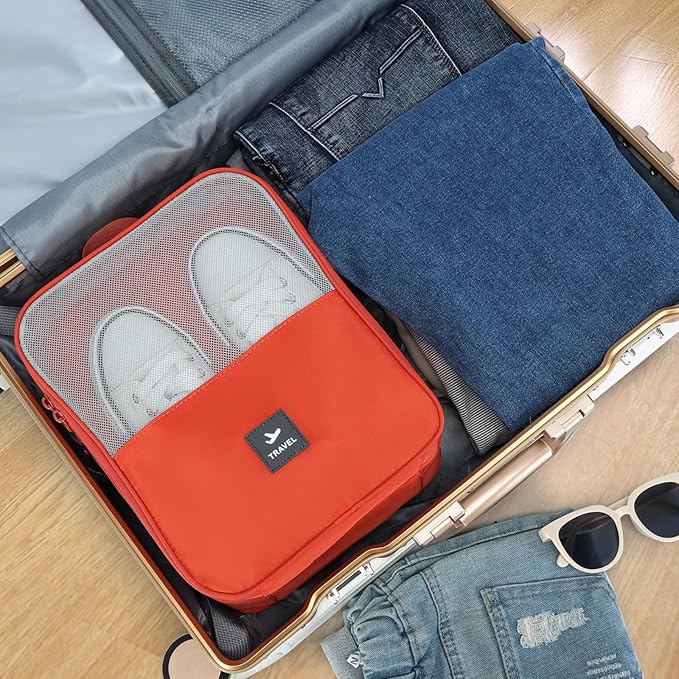 2 Layers Travel Shoe Bag, Portable Shoe Bags Hold 2 Pair Of Shoes, Water-Resistant Shoe Storage Pouch For Travel (Orange, 2 Pack)