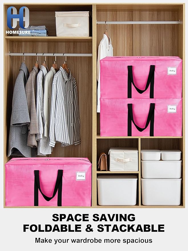 HOMESURE Supports 200lbs Heavy Duty Moving Bags - Strong Zipper & Wrap-Around Handles - Water-Resistant Storage Totes, Durable Alternative to Moving Boxes - 4 Pack - Pink