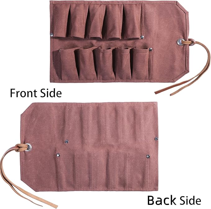 Tool Roll Up Bag with 10 Staggered Tool Pockets, Portable Carry Small Wrench Roll Up Pouch (Brown)