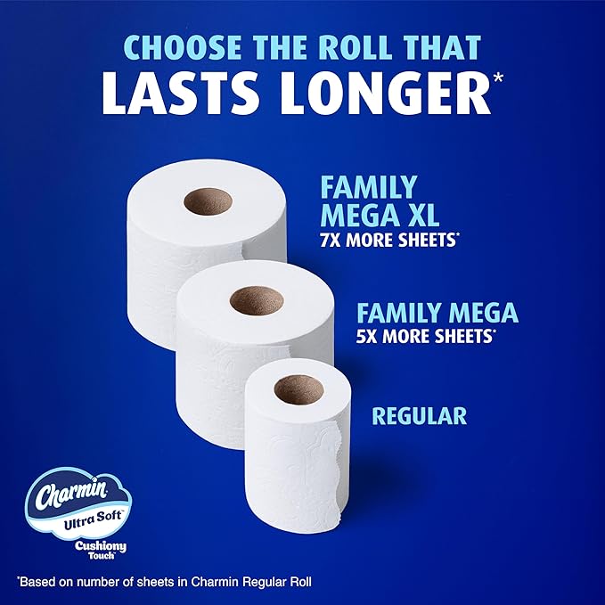 Charmin Ultra Soft Cushiony Touch Toilet Paper, 18 Family Mega XL = 126 Regular Rolls, 2-Ply, White