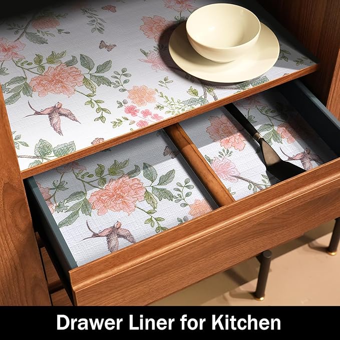 Bird Floral Shelf Liners Non Adhesive and Strong Non-Slip Shelf and Drawer Liners for Kitchen Cabinet Wire Fridge, Waterproof Shelf Drawer Liner,Easy to Clean,12IN x 10FT