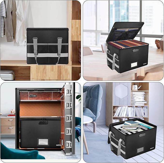 ENGPOW File Box with Lock, Fireproof Document Box with Zipper & Pockets, Collapsible File Organizer Filing Storage Cabinet with Handle, Portable Home Office Safe for Hanging Letter/Legal Folder, Black