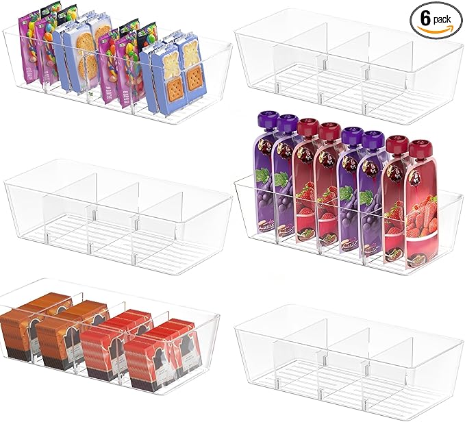 BALEINE Clear Plastic Storage Bins with 3 Removable Dividers, Pantry Organization, BPA Free Stackable Refrigerator Organizers and Storage for Kitchen Fridge Cabinet Bathroom (10.5x6.1x3.5, 6PK)