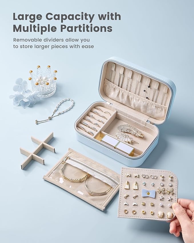 Lolalet Travel Jewelry Case for Women Girls, Travel Jewelry Organizer with Clear Storage Bag Small Portable Jewelry Box for Necklace Bracelet Earring Ring Valentine's Bridesmaid Gifts -Medium/Blue