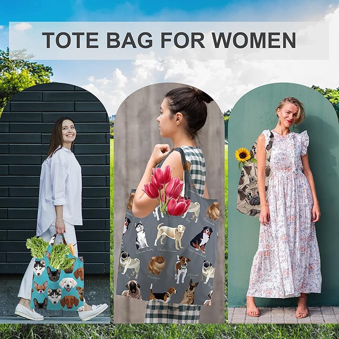 BeeGreen Cute Dog Cloth Gift Bags - Reusable Grocery Bag with Handles Foldable Washable 6 Pack - Extra Large Heavy Duty Tote Bag for Groceries (Bulk Holiday Packable Travel) - Shopping Bags for Women