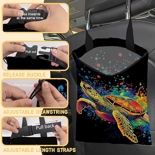Watercolor Sea Turtle Car Garbage Bag, Small Car Trash Bag Hanging Back of Seat,Drawstring Car Trash Bag with Adjustable Buckle,Car Accessories for Camping Travelling