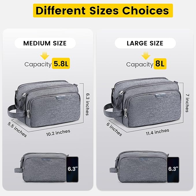 Vorspack Large Travel Toiletry Bag - Water Resistant Travel Bag for Toiletries, Cosmetics, Accessories, Gifts for Men - Grey