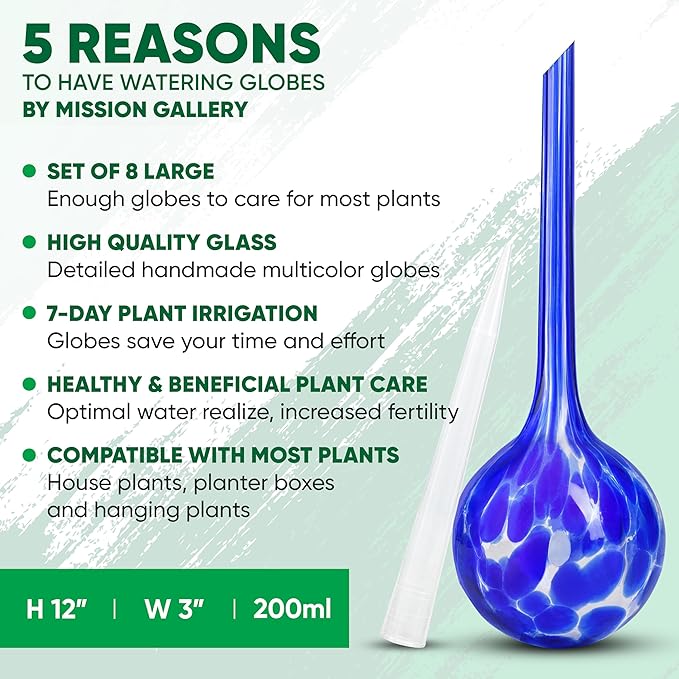 Mission Gallery Plant Watering Globes Set of 8 - Large Self Watering Globes for Indoor & Outdoor Plants - Multicolored, Automatic, Glass Watering Bulbs for Daily Use, Plant Watering Devices