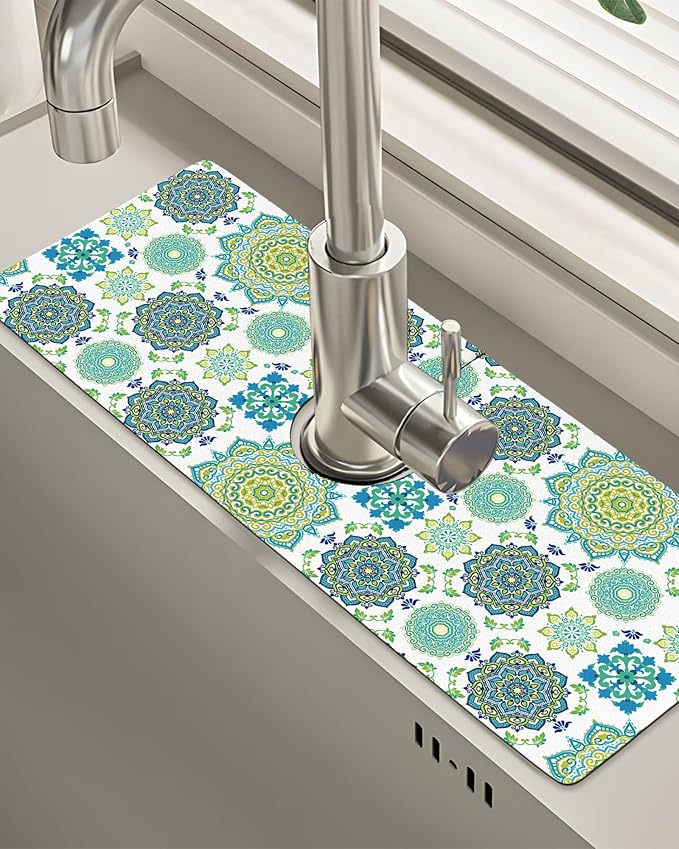 Patterned Sink Faucet Mat Kitchen Splash Guard Super Absorbent Drying Mat, Non-Slip Drain Pad for Kitchen Counter or Bathroom-15x5.5in