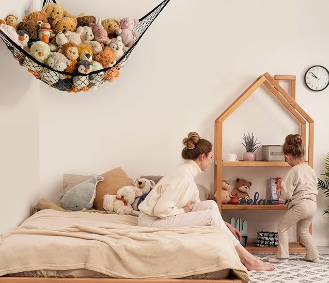Stuffed Animal Storage Hammock Net Corner - Large Toy Hammock Net for Stuffed Animals Room Decor - Cute Stuff Animal Organizer Holder for Plush Plushie - Kids Baby Nursery Wall Bedroom Home Decor