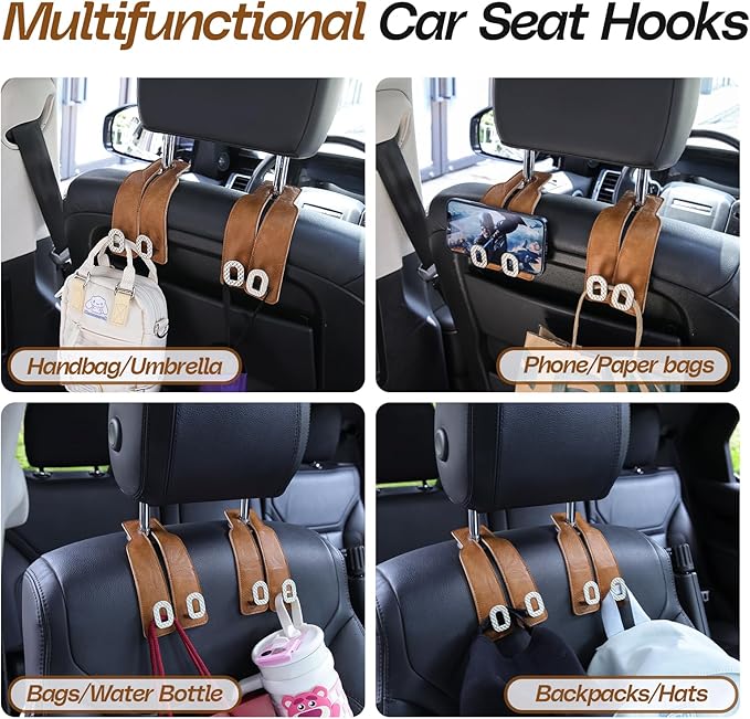 Car Headrest Hooks, Universal Car Purse Hook, Premium Leather and Alloy Twin Hook, Car Seat Back Storage Hanger Hook for Purse Bags Cloth Drink, Durable Holder Car Accessories (BH09-Brown-Silver-4 Pcs)