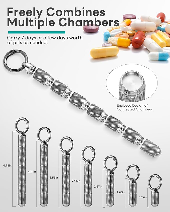 TISUR Titanium Keychain Pill Holder Small Metal Pill Case, Pill Organizer Portable Waterproof Pill Container, Travel Pill Bottle Box for Purse (Tiny-0.39in 7 Separate Compartments)