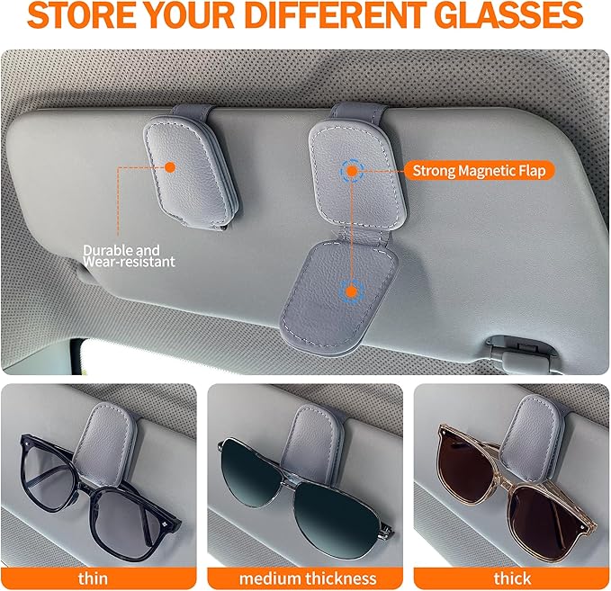 Sunglasses Holders for Car Sun Visor, 2-pack Magnetic Leather Glasses Eyeglass Hanger Clip for Car, Ticket Business Card Clip Eyeglasses Mount Car Visor Accessories (Grey)