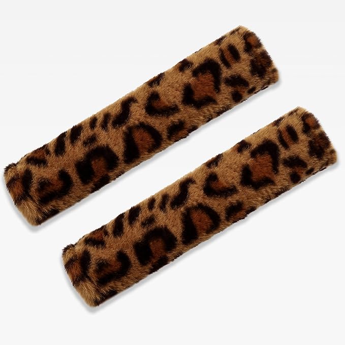 Amooca Soft Faux Fur Universal Fit Seatbelt Cover Car Truck SUV Airplane Seat Belt Shoulder Pad for Carmera Backpack Straps Neck Cushion Protector 2 Pack 10.5in Brown Leopard