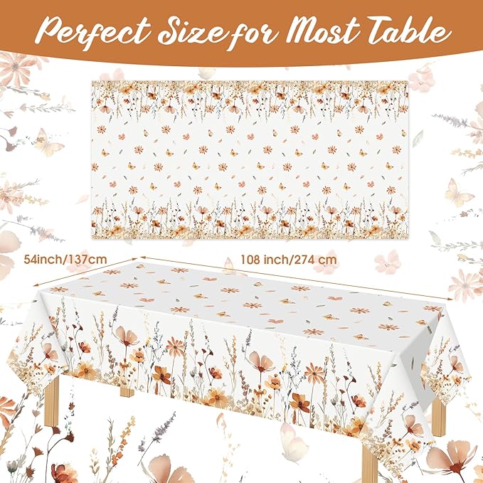 Ganeen 3 Pcs Fall Floral Tablecloth Disposable Plastic Table Covers Thanksgiving Autumn Harvest Wildflower Waterproof Tablecloths for Autumn Thanksgiving Birthday Wedding Party Decor, 54 x 108 Inch