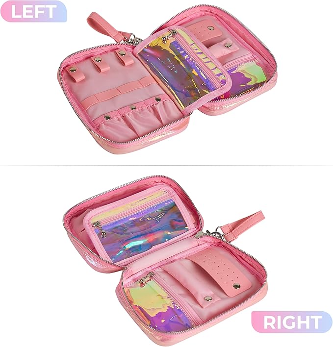 Travel Jewelry Organizer Case with Zipper and Mirrored Charm, Small Portable Jewelry Storage Bag for Rings, Necklaces, Earrings, Travel Pouch, Christmas Winter Gift for Her, Holographic Pink