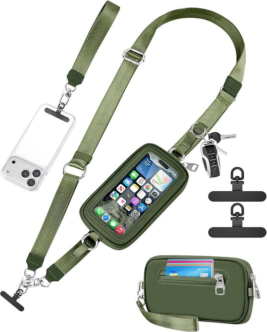 SHANSHUI Clip and Go Phone Strap Wallet Crossbody Phone Lanyard, Detachable Wristlet Strap with Zipper Phone Screen ID Window, 2 Pcs Metal Tether Pads Compatibe for iPhone & Most Smartphones Green