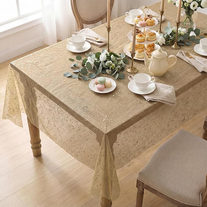 Horaldaily Coffee Gold Gauze Tablecloth 52x70 Inch Rectangular, Golden Sequin Glitter Metallic Foil, Sheer Tulle Cheesecloth for Wedding Baby Shower Ceremony Birthday