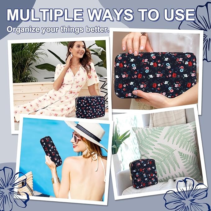Waterproof Large Floral Makeup Pouch, Nylon Travel Toiletry Storage Purse, Preppy Cosmetic Bag for Women Girl, Large Capacity Makeup Organizer Zipper Pouch for Work (L Black-Flowers)