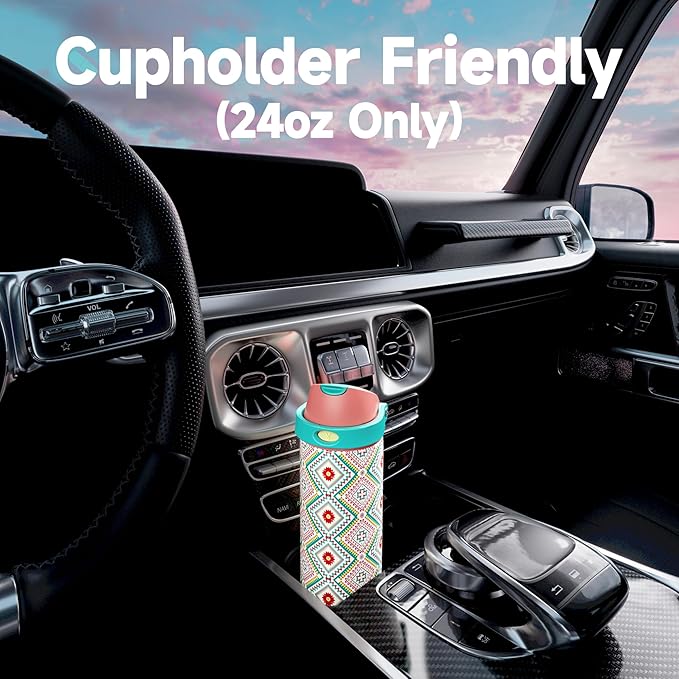 24 oz Insulated Water Bottle with Straw: Meoky Stainless Steel Metal Water Bottle with 2-in-1 Lid - Leak Proof, Cold for 24 Hours, Fits in Car Cup Holder, BPA-Free for Travel Sports Gym, Prism Folk