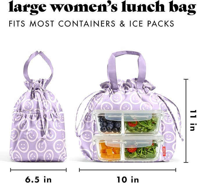 Fit & Fresh Cromwell Drawstring Lunch Bag for Women, Complete Lunch Set with 2 Containers, Stain-Resistant, Leak-Resistant, Back to School Essential, Teacher Lunchbox, All Smiles Lavender