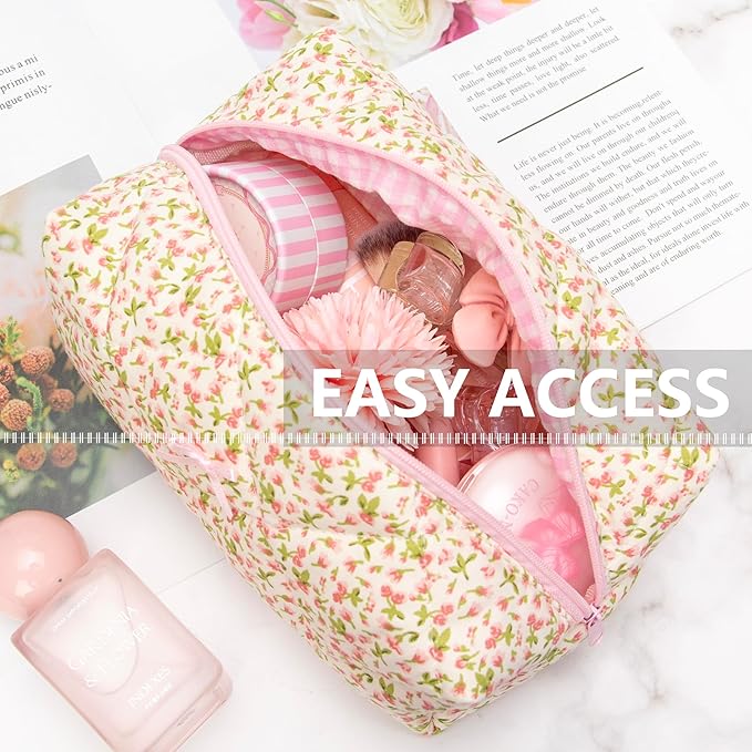 Cozy Makeup Bag Travel Cosmetic Bag for Women Soft Toiletry Bag Aesthetic Makeup Organizer Portable Large Zipper Pouch for Skincare Beauty Accessories Brushes Floral Pink