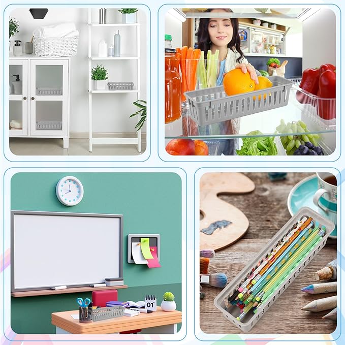 12 Pcs Gray Slim Plastic Storage Baskets Tray 10 x 3 x 2.5 Inch Compact Stackable Desk Organizer for Office, Classroom, School Supplies, and Home Storage, Organization(Gray)