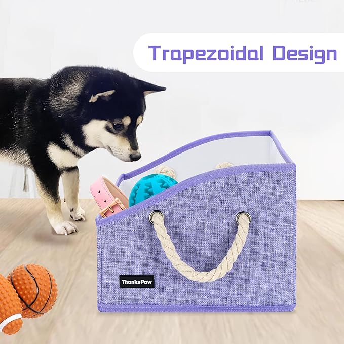 Collapsible Fabric Dog Toy Box and Storage Bin With Handle - Trapezoid Basket Chest Organizer for Pet Toys, Blankets and Accessories, Purple