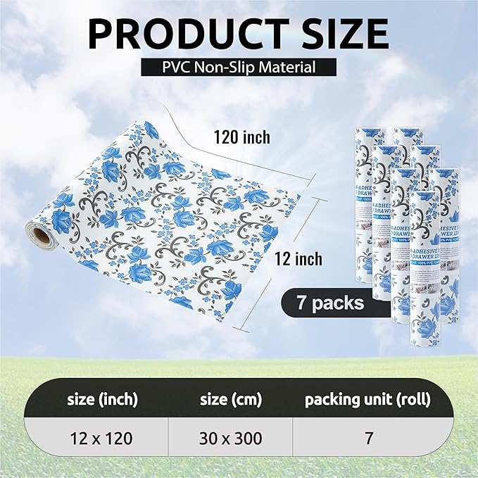 FIFTY FEET 12X120 Inch Shelf Liner for Kitchen Cabinets, PVC Drawer Liner for Dresser Non-Slip Bathroom, Non-Adhesive Cabinet Liner Washable (Blue Floral)(7 Roll)
